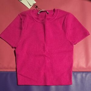 Women's Short Sleeve Ribbed Knit Top - Hot Pink ZARA